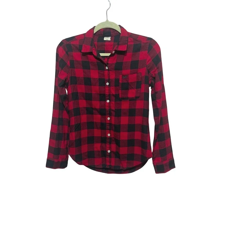 Hollister Womens XS Sleep Shirt Flannel Buffalo Plaid‎ Logo-Holiday Comfortcore